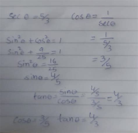 If sec theta =5 /3 cos theta and tan theta - Brainly.in