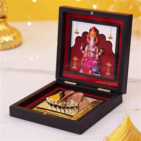 Lord Ganesha 3D Charan Paduka with Wooden Box | Gold Finish Divine Foo ...