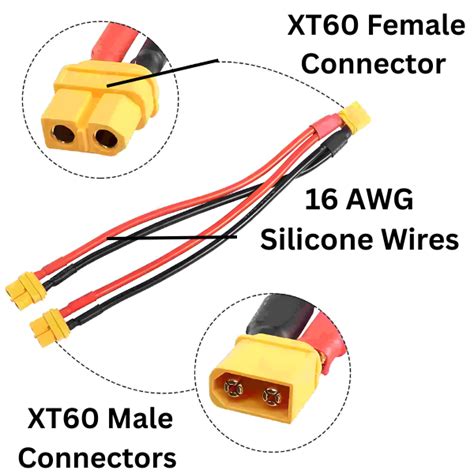 XT60 10cm 16 AWG Dual Extension y Splitter 2 Male 1 Female Pack 5