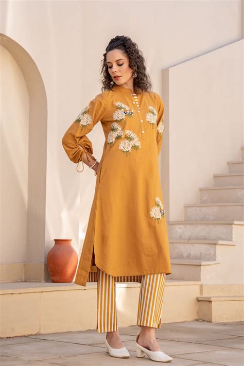 WOMEN'S MUSTARD COTTON EMBROIDERED KURTA SET WITH STRIPED PANTS ...