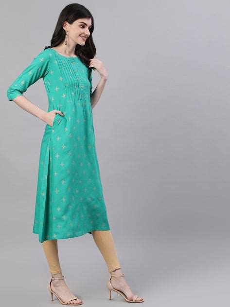 Women Green Calf Length Three-Quarter Sleeves A-Line Ethnic Motifs Pri ...