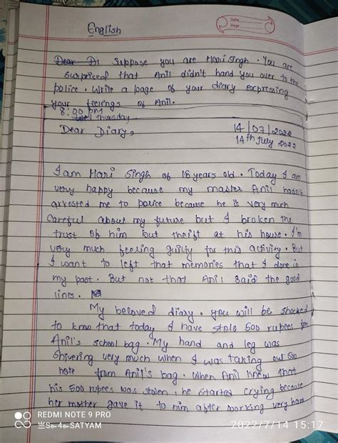 Imagine you are Hari Singh write a diary entry describing how you felt ...