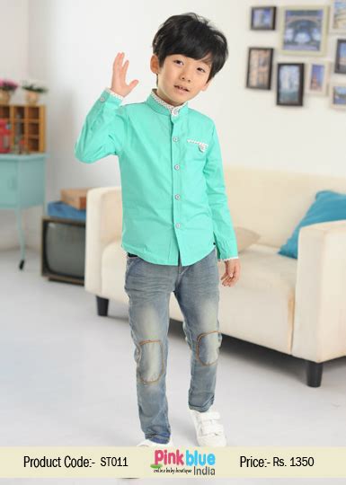 Children Long Sleeve Mandarin Collar Casual Wear Shirt in Sea Green