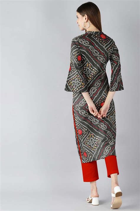 Women Charcoal Grey And Red Bandhani Printed Straight Kurta VCK1810E ...