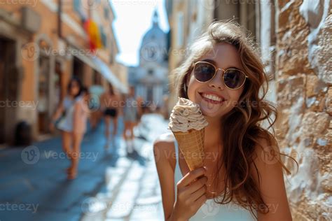 a tourist enjoys a juicy portion of real Italian ice cream against the backdrop of a city street ...
