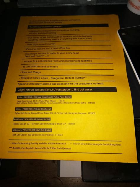 Menu at Nehru Place Social, New Delhi