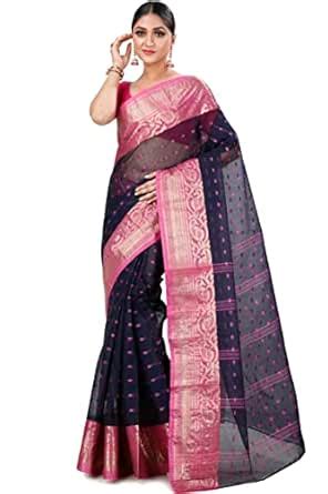 DipDiya Women Sachi Pure Cotton Bengali Tant Saree (Night Blue ...