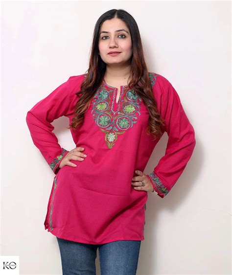 Magenta Pink Embroidered Cotton Short Kurti – Kashmir origin