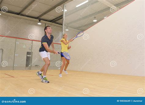 Couple Enjoying Game Squash in Squash Court Stock Image - Image of care ...