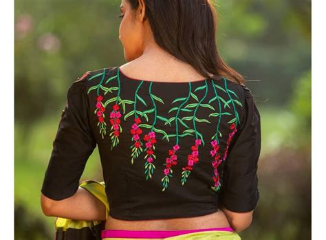 Black With Floral Embroidery Boat Neck Blouses – Dailybuyys