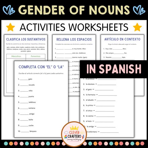 Género de los Sustantivos - Gender of Nouns Grammar Worksheets in ...