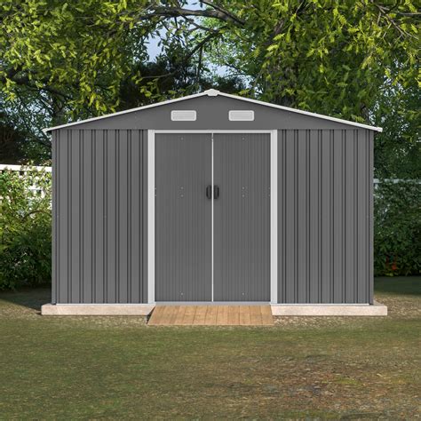 10x8 FT Metal Outdoor Storage Shed with Floor Foundation & Lockable ...