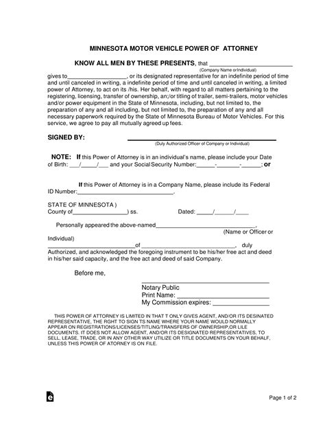 Free Minnesota Motor Vehicle Power Of Attorney Form PDF - Power Of ...