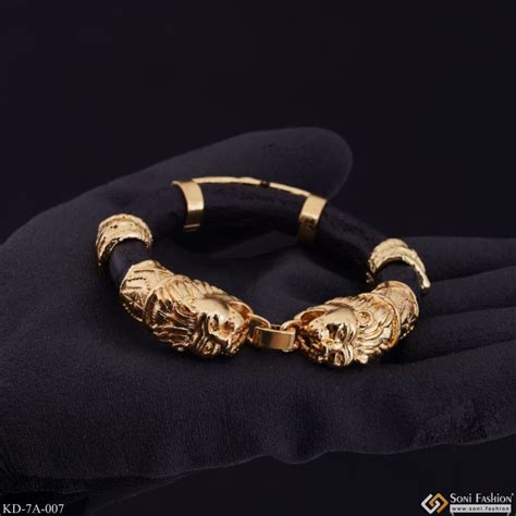 Two-lion Face & Mahadev Genda Kada Classic Design Leather Gold Plated ...