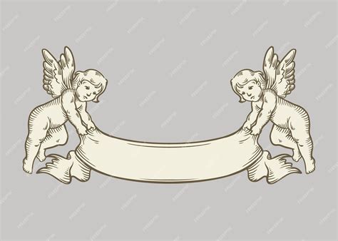 Vintage drawing of two angels holding decorative ribbon | Premium Vector