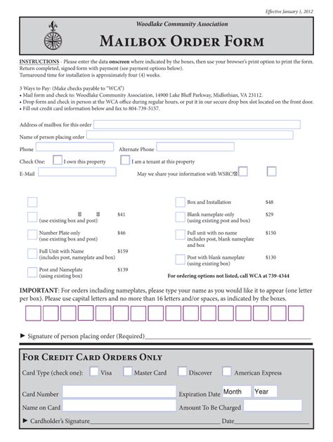 Fillable Online Woodlake Community Association Mailbox Order Form Fax ...