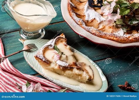 Russian Breakfast Food. Cottage Cheese Casserole Slice Topped with ...