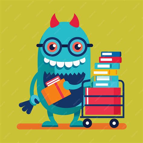 Monster Holding Trolley of Books and Wearing Glasses Vector Cartoon Illustration | Premium AI ...
