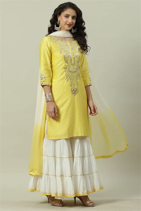 Yellow And White Cotton Silk Straight Kurta Garara Suit Set