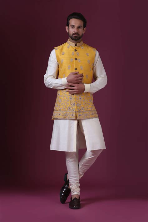Premium Yellow Kirandori Nehru Jacket for Weddings – Brahaan