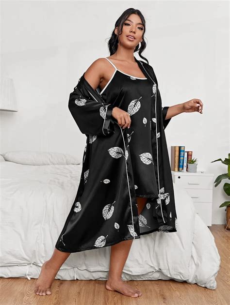 Plus Leaf Print Slip Dress & Robe | SHEIN USA