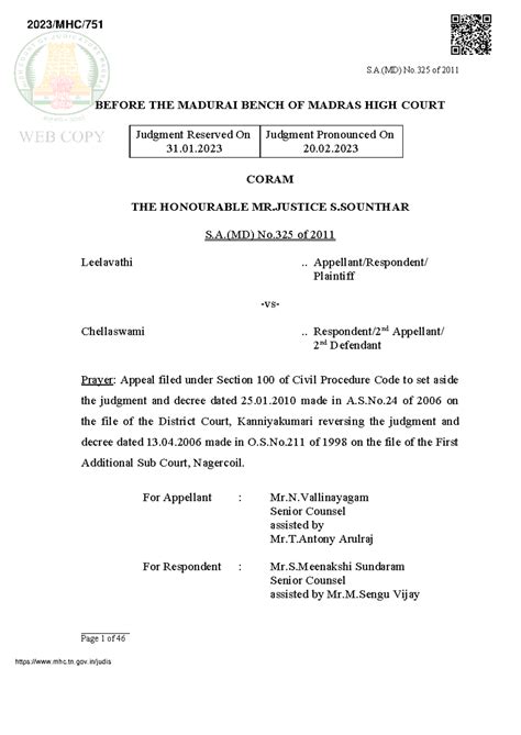 Leelavathi vs. Chellaswami: Judgment Review on S.A.(MD) No.325 of 2011 ...