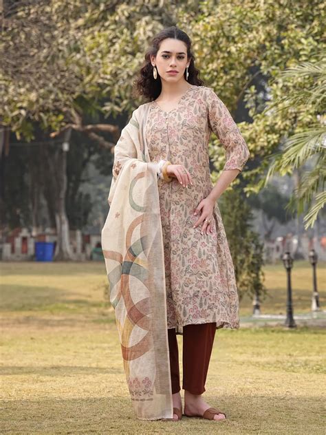 Beige Floral linen A Line Have A Lining Kurta Trouser Dupatta Set ...