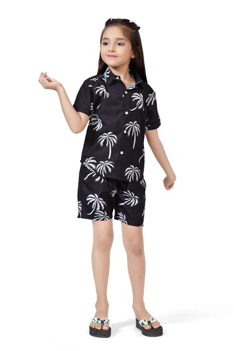 Buy Summer Vibes Coconut Tree Printed Girls Black Co-Ord Set Online ...