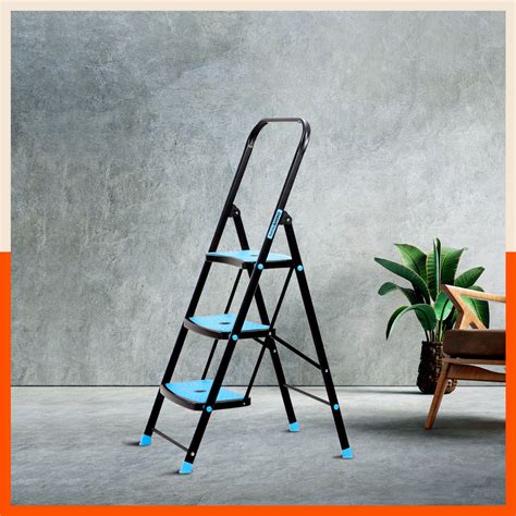 Bathla Boost Rhino 3 - Step Foldable Steel Ladder For Home (Black + Bl ...