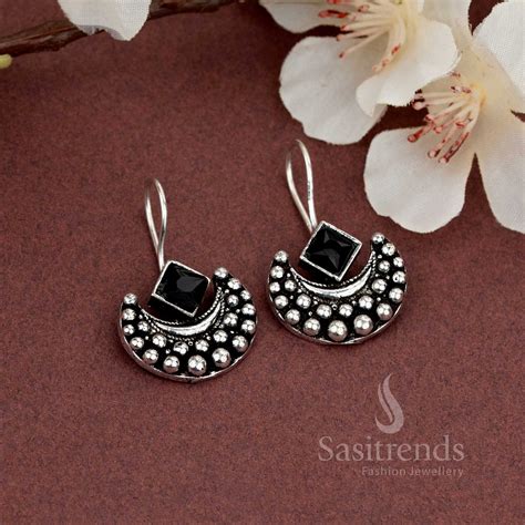 Oxidised Crescent Earrings with Square Stone - Sasitrends