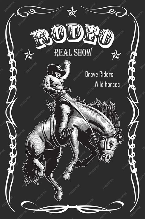 Vector image of an old vintage rodeo poster with a cowboy riding a wild ...
