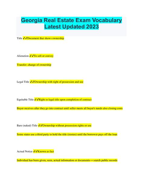 Georgia Real Estate Exam Vocabulary Latest Updated 2023 - Scholarfriends