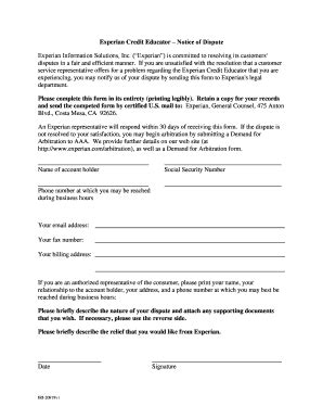 Fillable Online Experian Credit Educator Notice of Dispute Experian ...