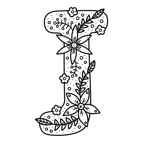 Floral alphabet. Colorless doodle letter J. Coloring book for adults ...