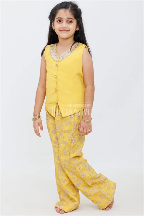 Nesavu Yellow Indo Western Palazzo Set Girls Embroidered Jacket Dupatta ...