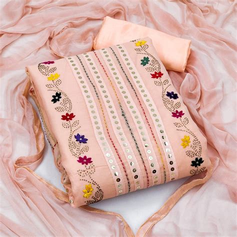 Peach Casual Wear Embroidered With Embellished Chanderi Dress Material