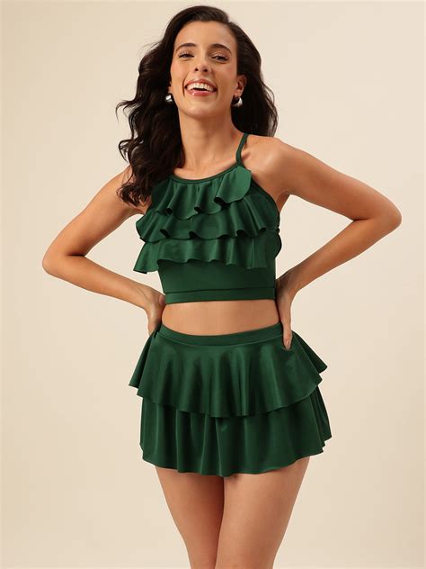 CUKOO Padded Green Two piece Skirtini Swimwear – cukoo.in