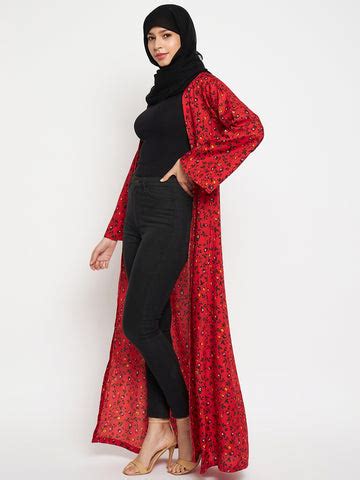Nabia Women Red Floral Printed Front Open Shrug With Black Scarf