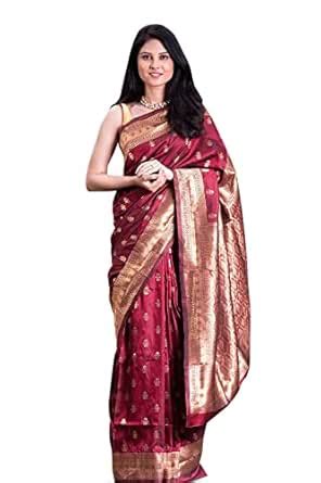 KARAGIRI Womens Pashmina Silk Maroon Saree With Blouse Piece : Amazon ...