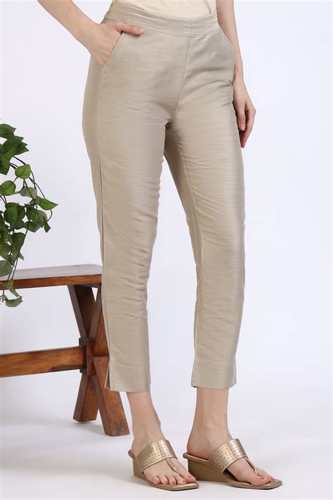 Buy Elleven Women's Light Gold Solid Yarn Dyed Trousers Online for ...
