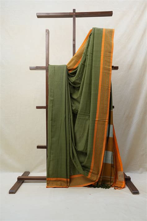 Olive Cotton Ilkal Saree with Stripe Border - SROCIS602 | Sayali ...