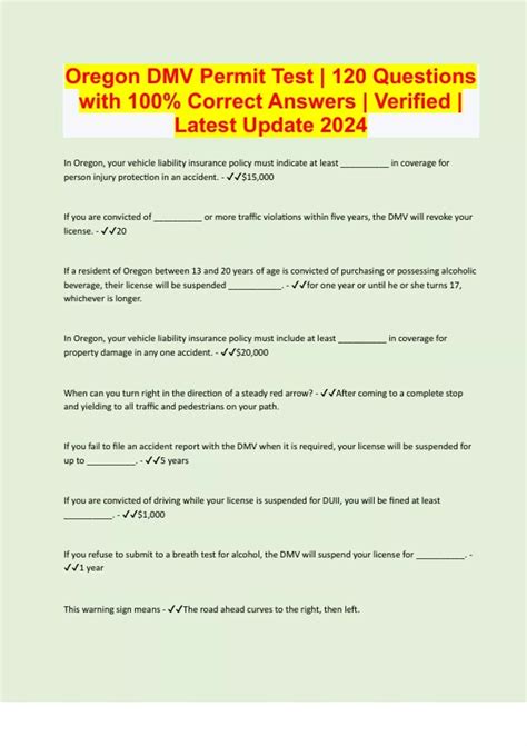 Oregon DMV Permit Test | 120 Questions with 100% Correct Answers ...