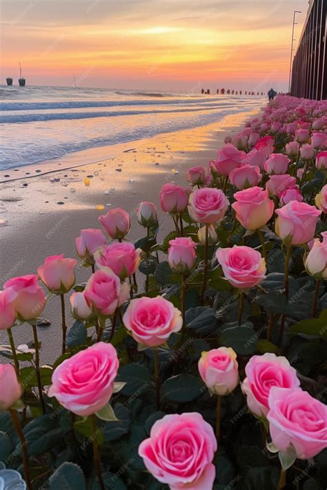 Pink roses line the beach at sunset with a pier in the background ...