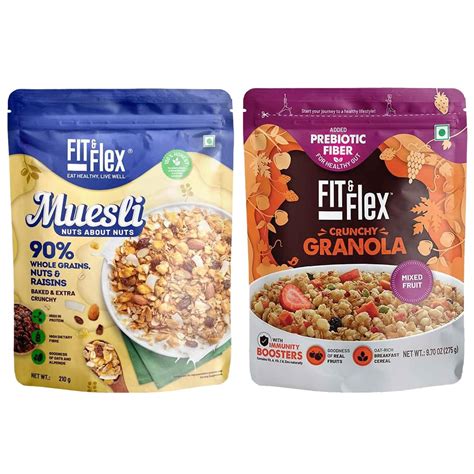 FIT & FLEX Baked Crunchy Mixed Fruit Granola (275 g) And Nuts & Raisins ...
