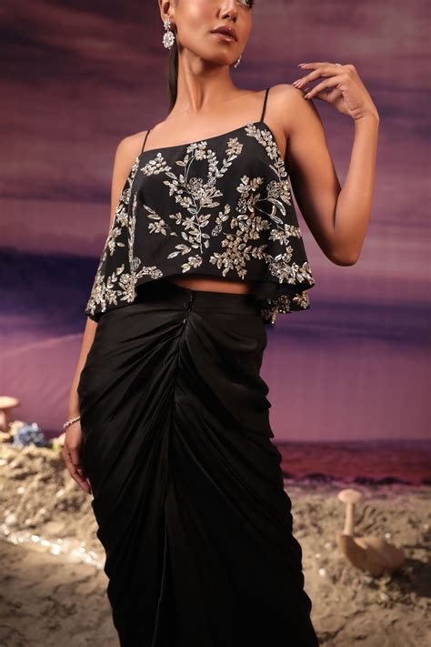 Couture by Niharika - Black Floral Embroidered Skirt Set - Elahe