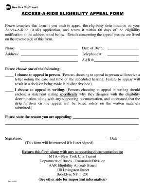 NY MTA Access-a-Ride Eligibility Appeal Form 2018-2026 - Fill and Sign ...