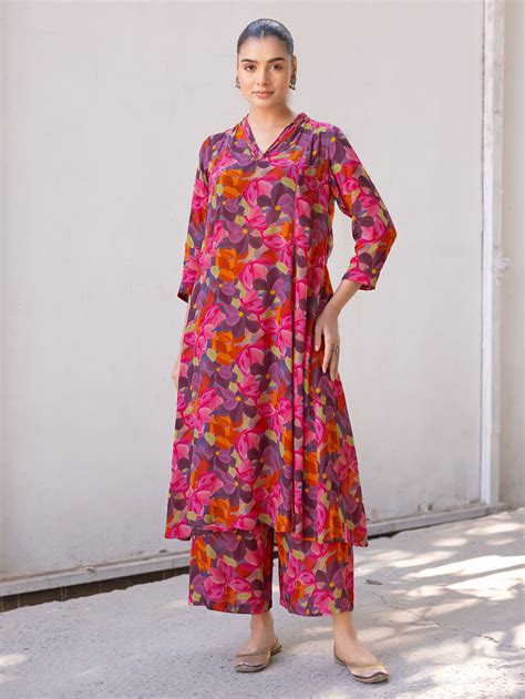 Pink Printed Cotton Kurta with Pants- Set of 2