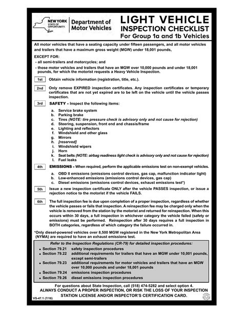 NYS DMV Form VS-47.1. Light Vehicle Inspection Checklist – Document ...