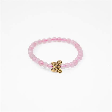 Rose Quartz Kids Bracelet 4mm Beads With Butterfly Charm
