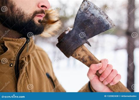 Beard and Axe. Lumberjack Standing with Weathered Rusty Axe in His Hand ...